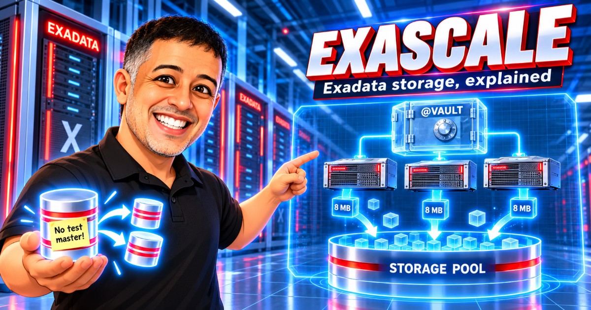 Caricature of André next to an Exadata rack, holding a database that splits into a thin clone labeled No test master!, pointing at a hologram of a vault and three storage servers exchanging 8 MB extents, under the title Exascale, Exadata storage, explained